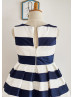 Navy Blue Ivory Stripes Taffeta Flower Girl Dress